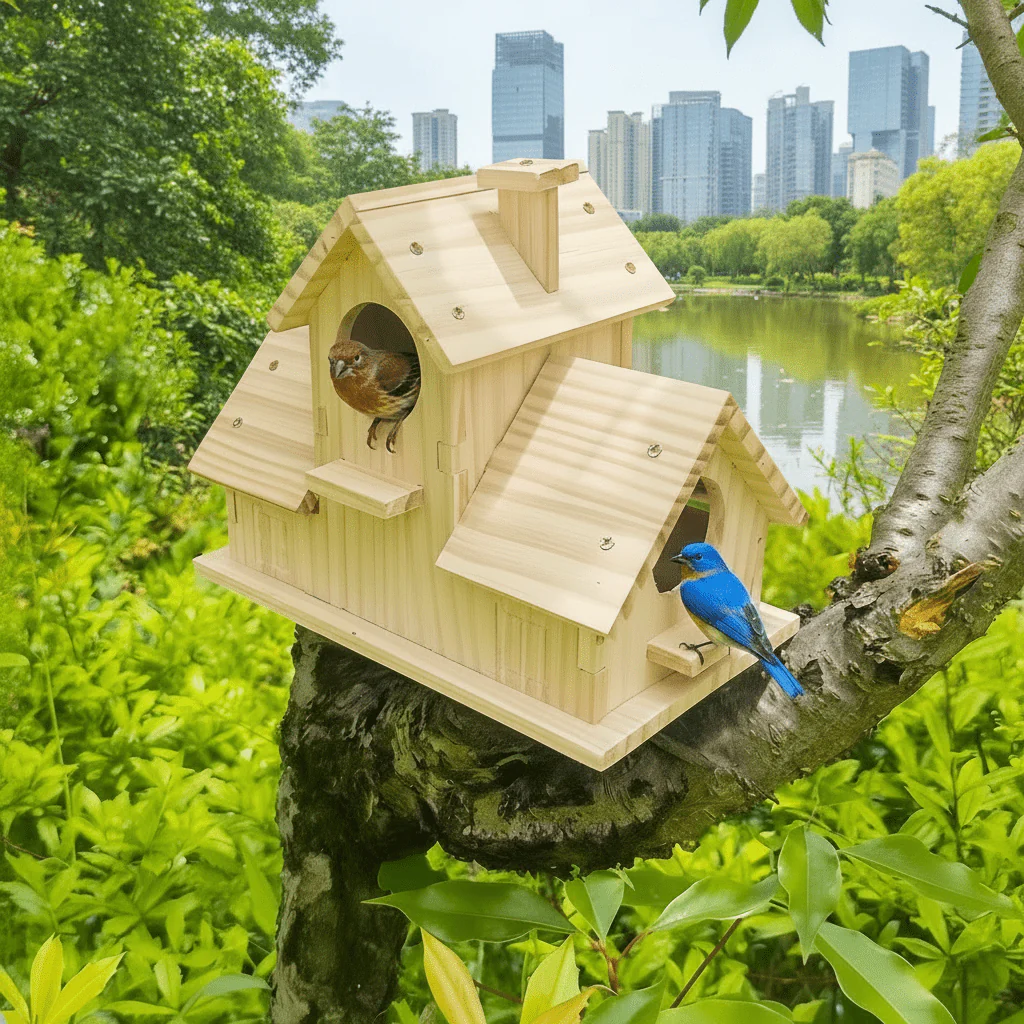 BIRDWALDEN – Rustic birdhouse made of solid wood with multi-chamber nesting box for garden birds