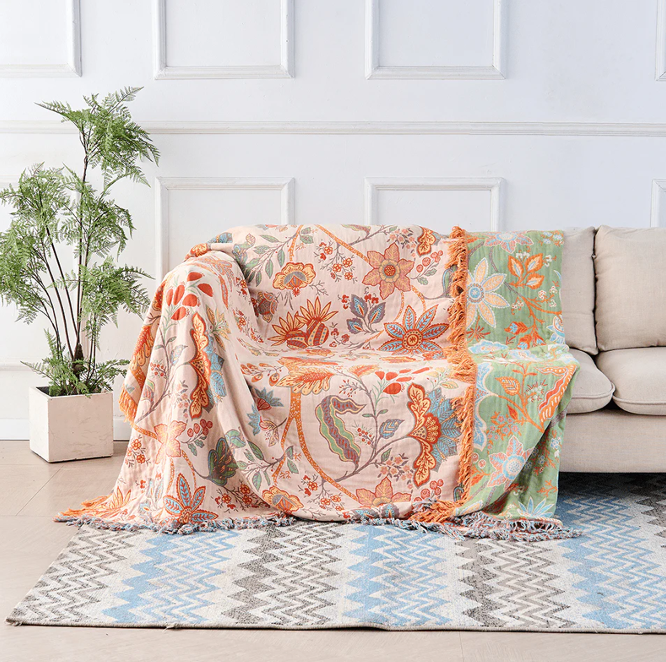 Boho-Chic – Cotton Throw Blanket with Floral Pattern - Image 2