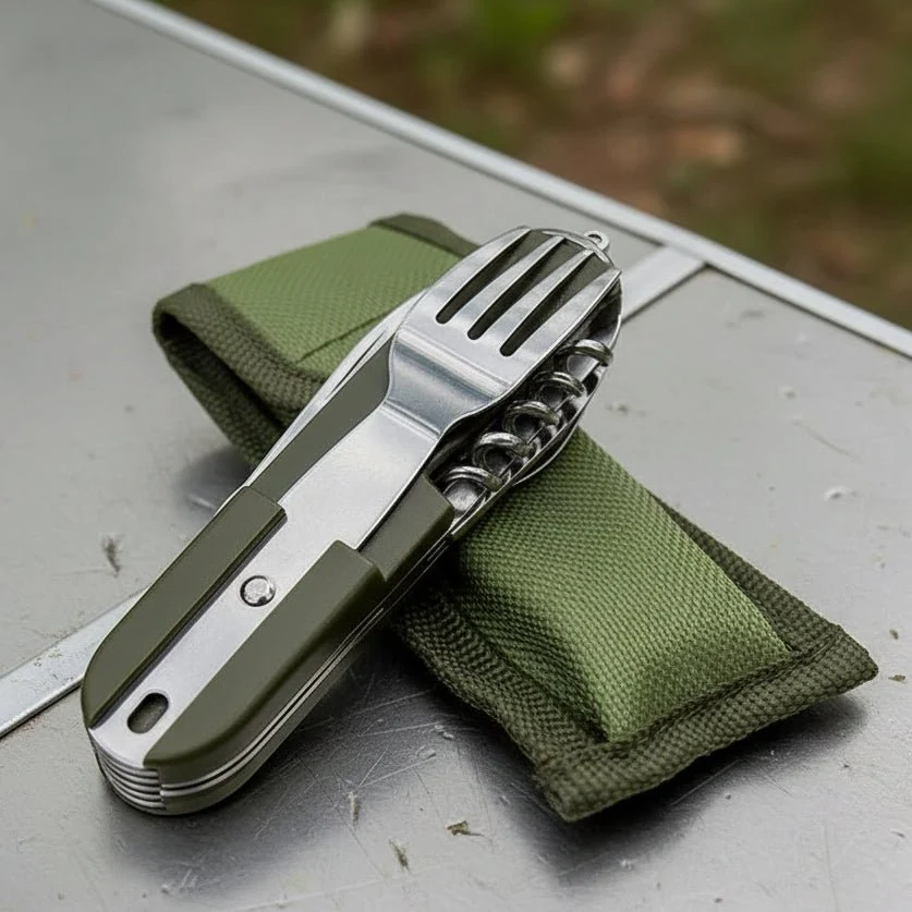 CAMPDINE – 7-in-1 Stainless Steel Camping Cutlery Set, Foldable and Space-Saving