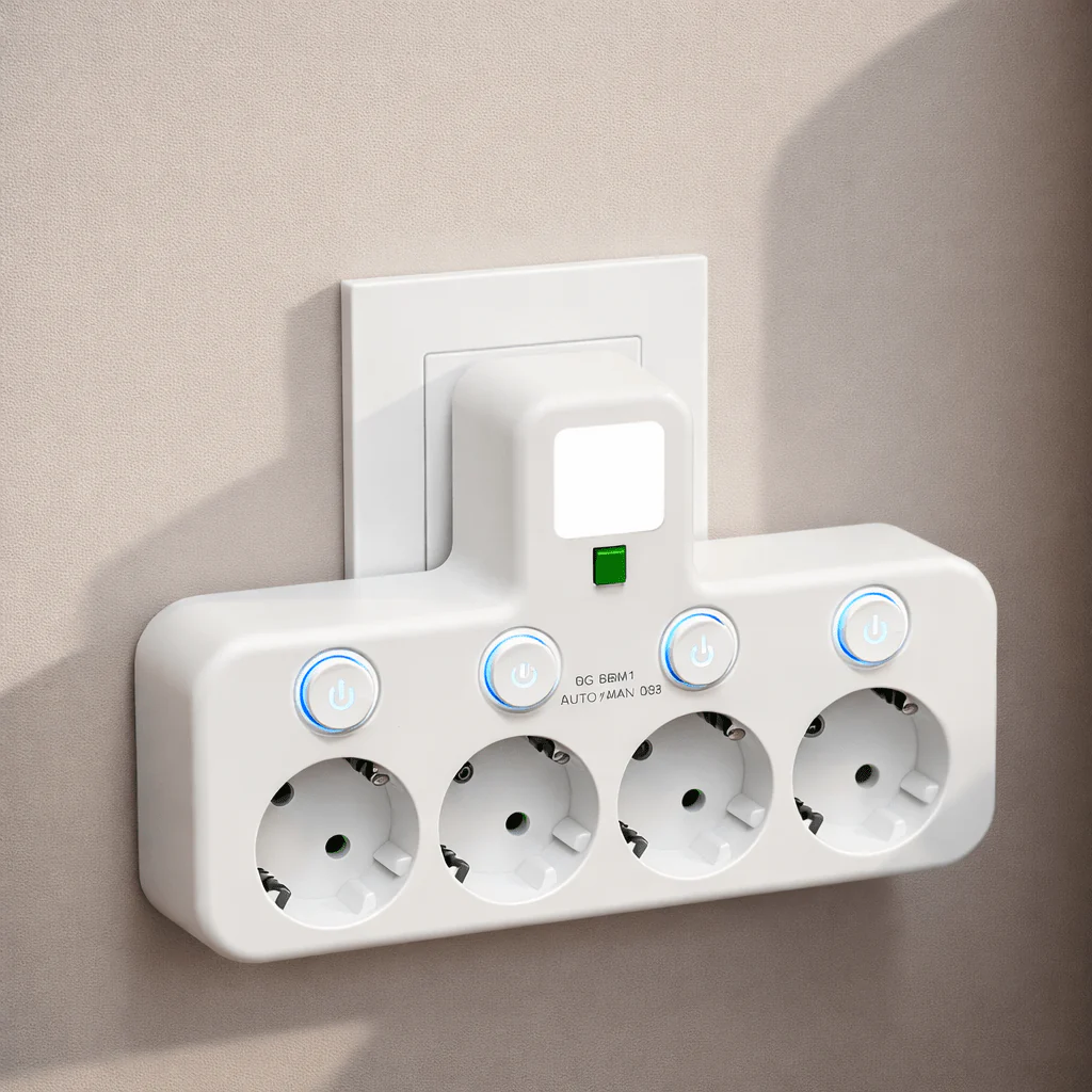 CURRENTIX – Compact four-socket power strip with USB charging function and secure locking mechanism