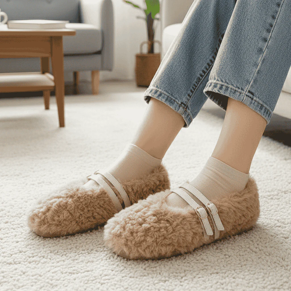EASYGLAM – Elegant Women's Wool-Fur Slip-On Loafer with Double Studs