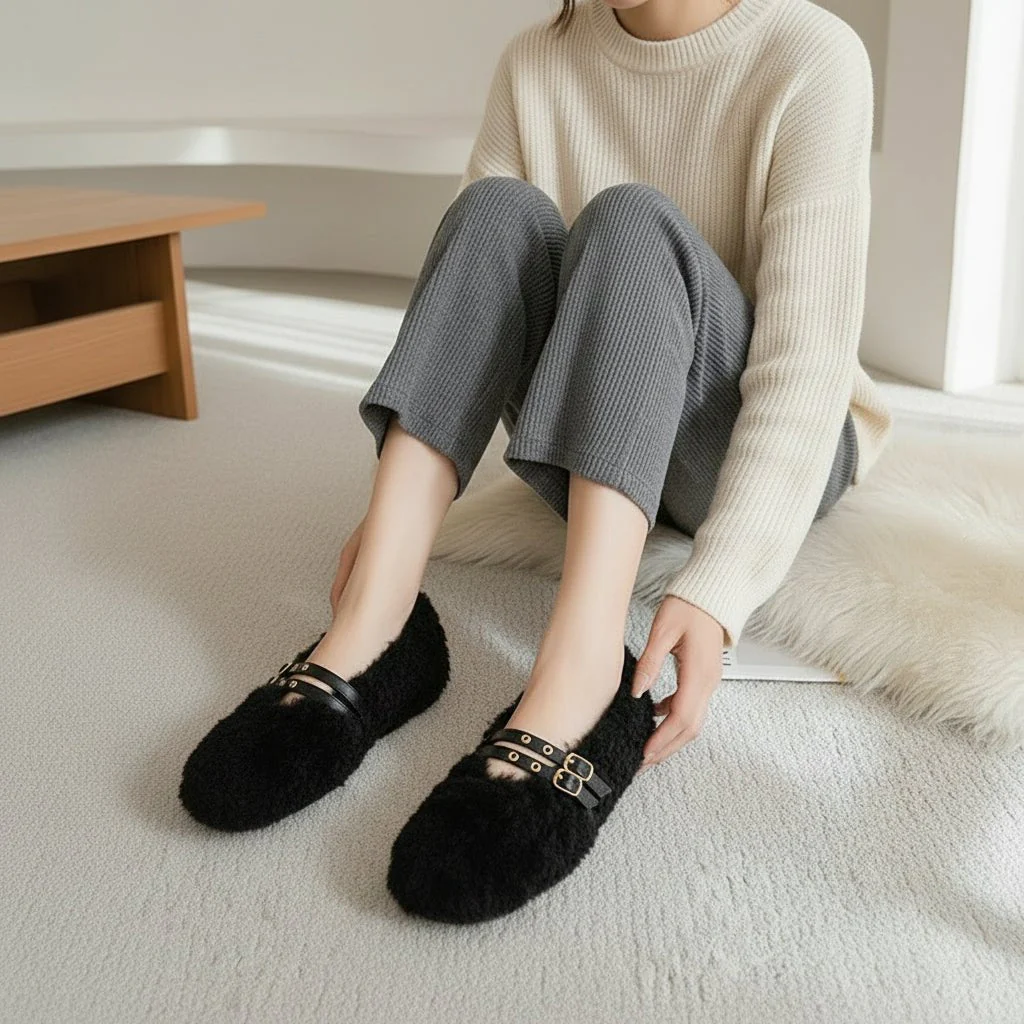 EASYGLAM – Elegant Women's Wool-Fur Slip-On Loafer with Double Studs - Image 3