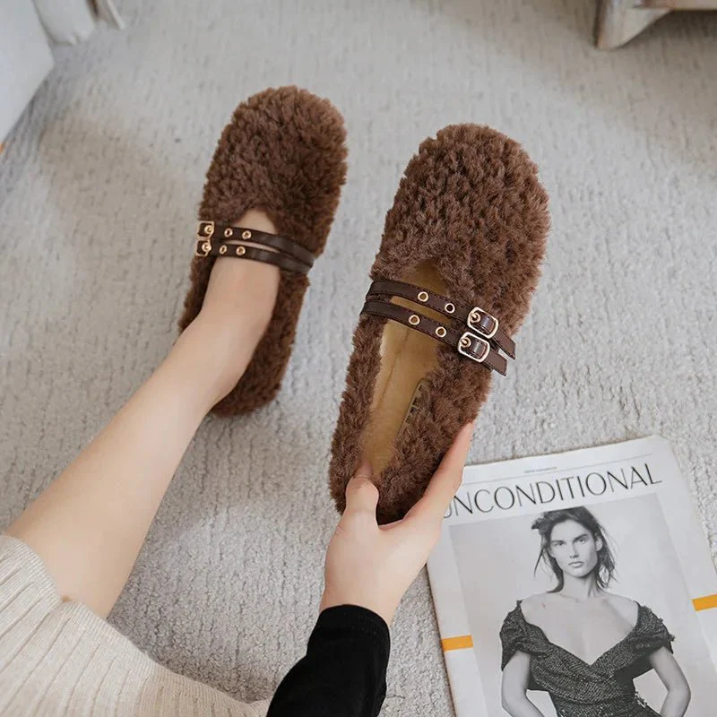 EASYGLAM – Elegant Women's Wool-Fur Slip-On Loafer with Double Studs - Image 5