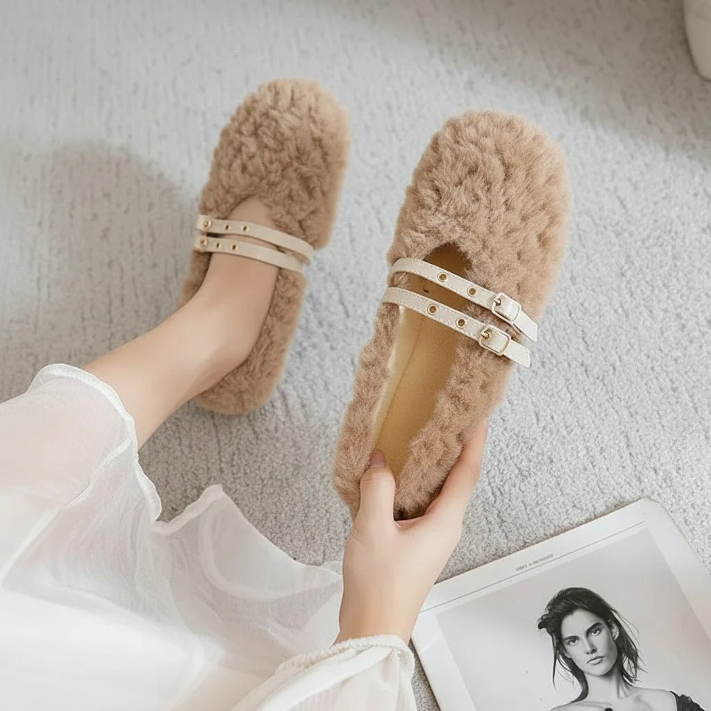 EASYGLAM – Elegant Women's Wool-Fur Slip-On Loafer with Double Studs - Image 8