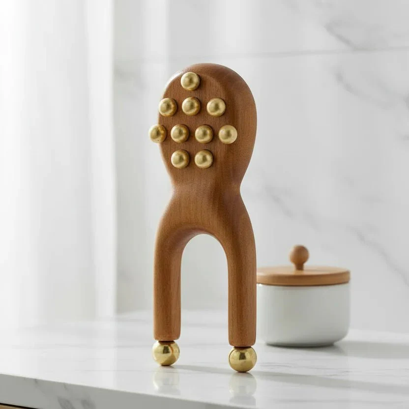 FACIALZEN – Ergonomic Wooden Gua Sha Facial Massage Tool with Brass Beads for Relaxation