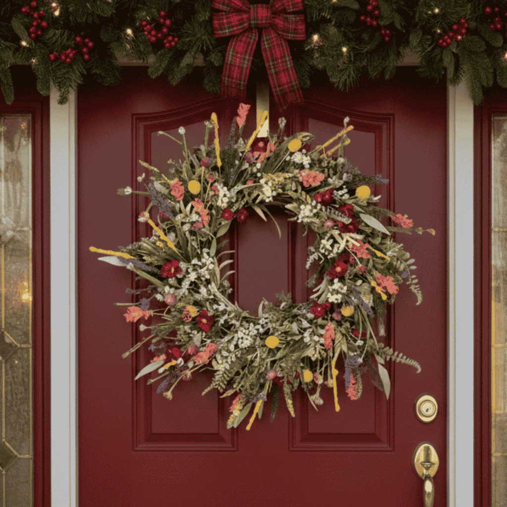 FLORASPIRE – Lush decorative door wreath with realistic blossoms & year-round charm