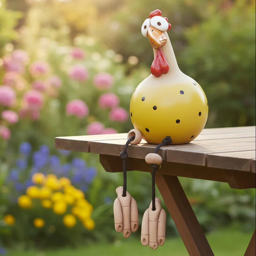 FRECHFEDER – Playful garden chicken statue with dancing legs