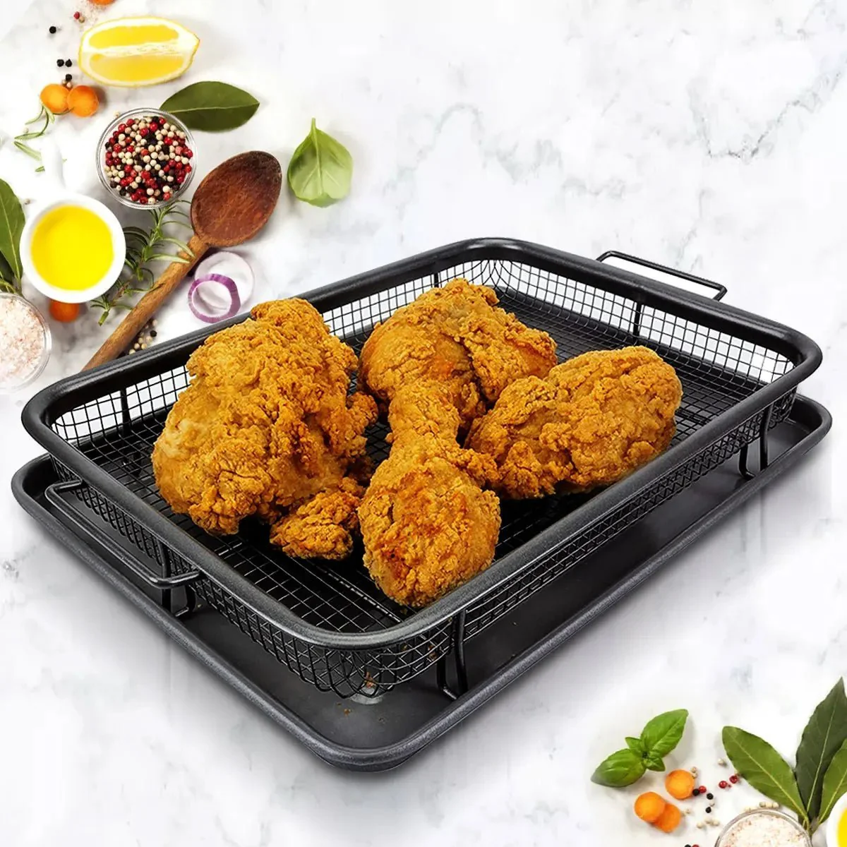 FRYMASTER – Non-stick air fryer baking sheet set with space-saving rack - Image 2