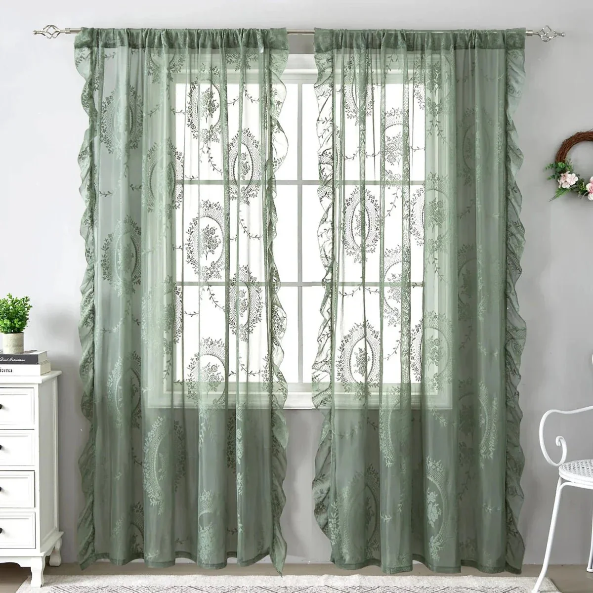 LACEVERA – Vintage Green Lace Flower Curtains - Image 2