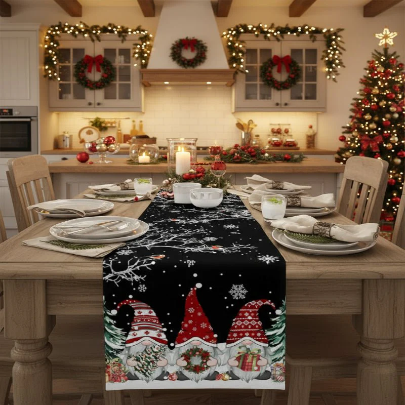 LINENWISH – Festive Linen Table Runner for Christmas with Snowflake and Gnome Motif
