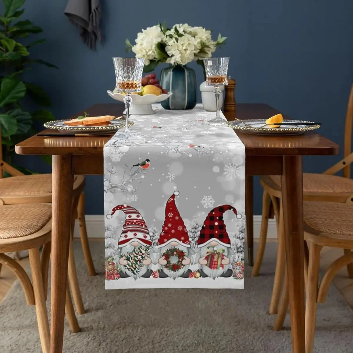 LINENWISH – Festive Linen Table Runner for Christmas with Snowflake and Gnome Motif - Image 3