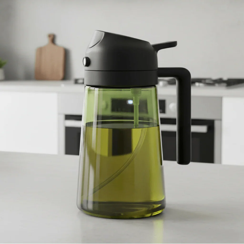 OIL ENJOYMENT – Dark green glass oil sprayer for precise healthy cooking - Image 2