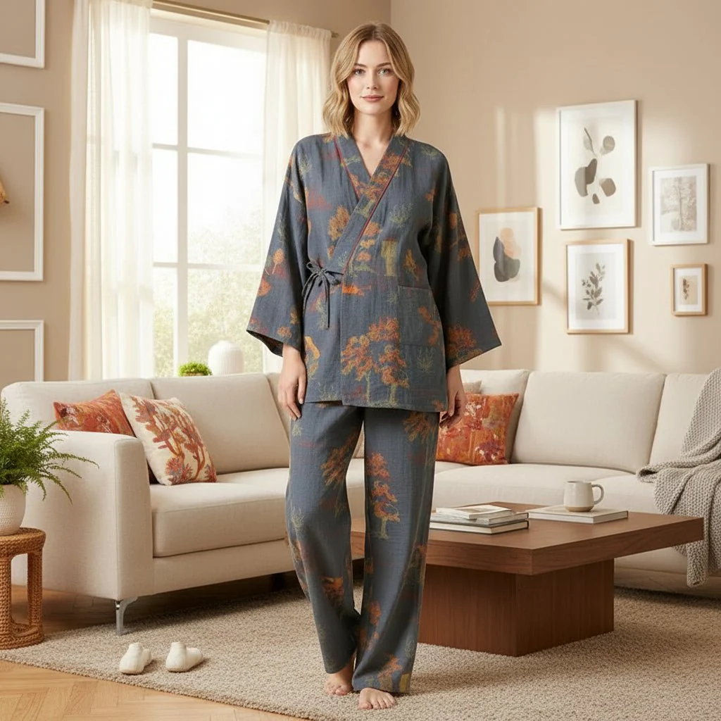 PAINTDRAPE – Artistic Watercolor Cotton Kimono Pajama Set for Relaxed Home Comfort - Image 2