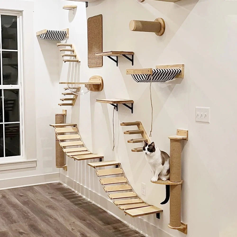 PINEPAWLOFT – Cat wall shelves made of natural wood with cozy fabric padding - Image 5