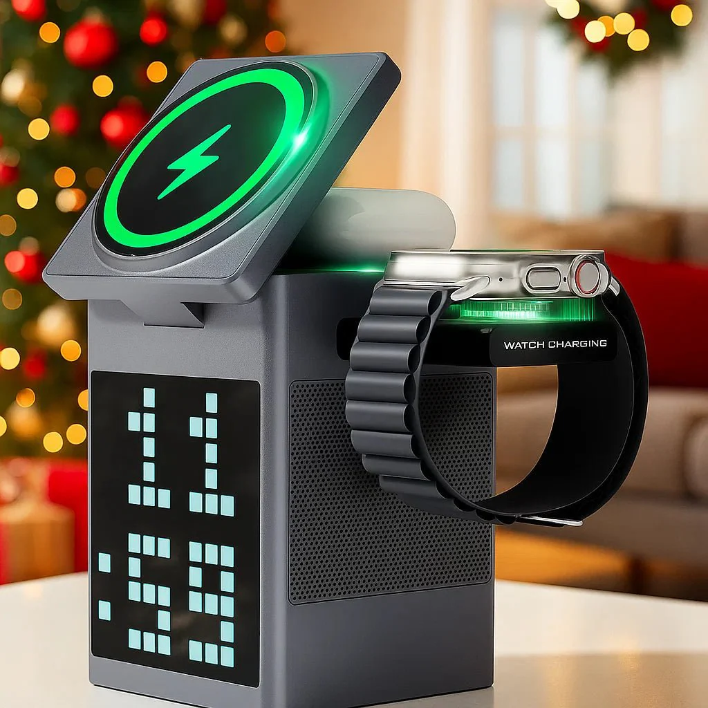 PIXTORQ 3-in-1 Wireless Charger with Bluetooth Speaker and LED Clock Display