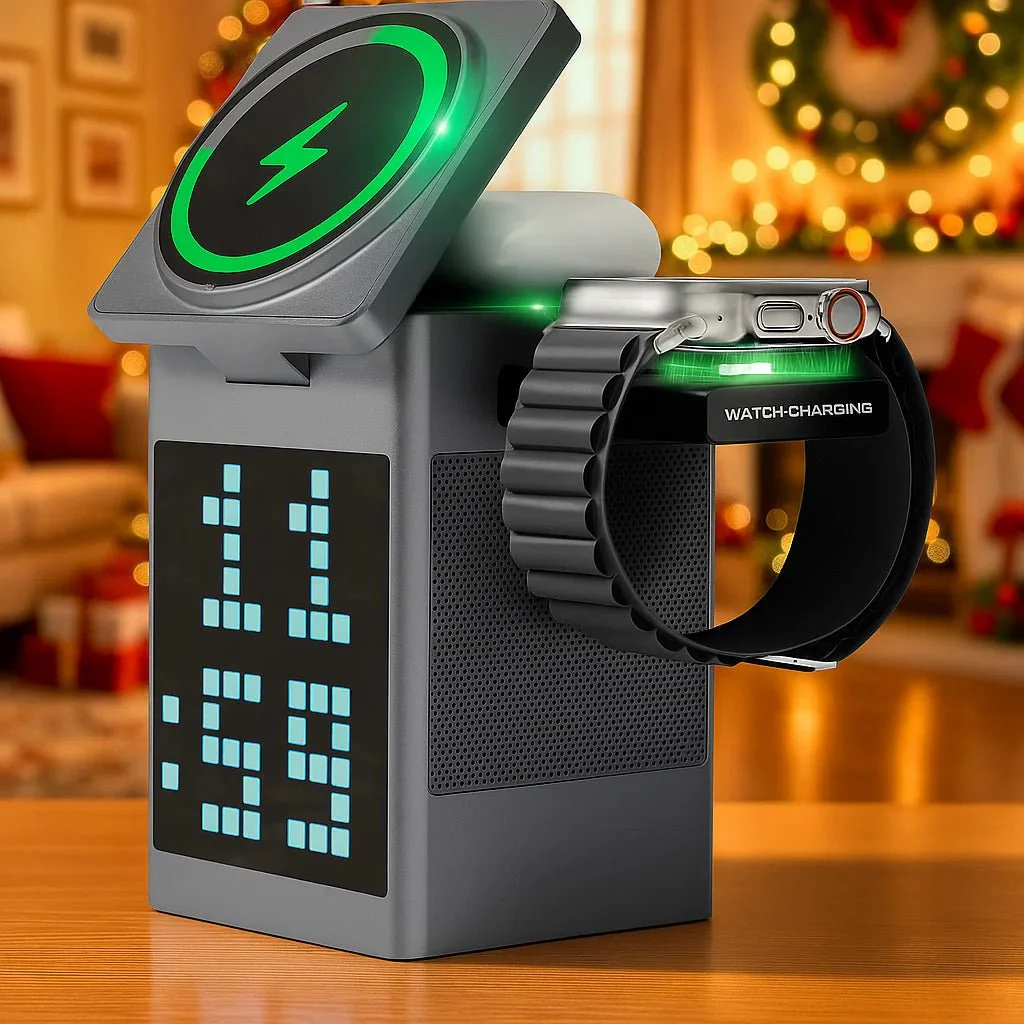 PIXTORQ 3-in-1 Wireless Charger with Bluetooth Speaker and LED Clock Display - Image 3