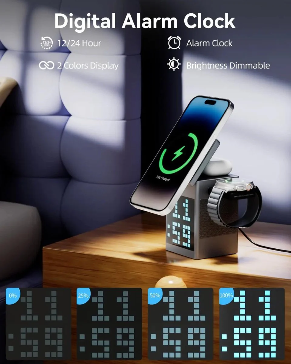 PIXTORQ 3-in-1 Wireless Charger with Bluetooth Speaker and LED Clock Display - Image 8