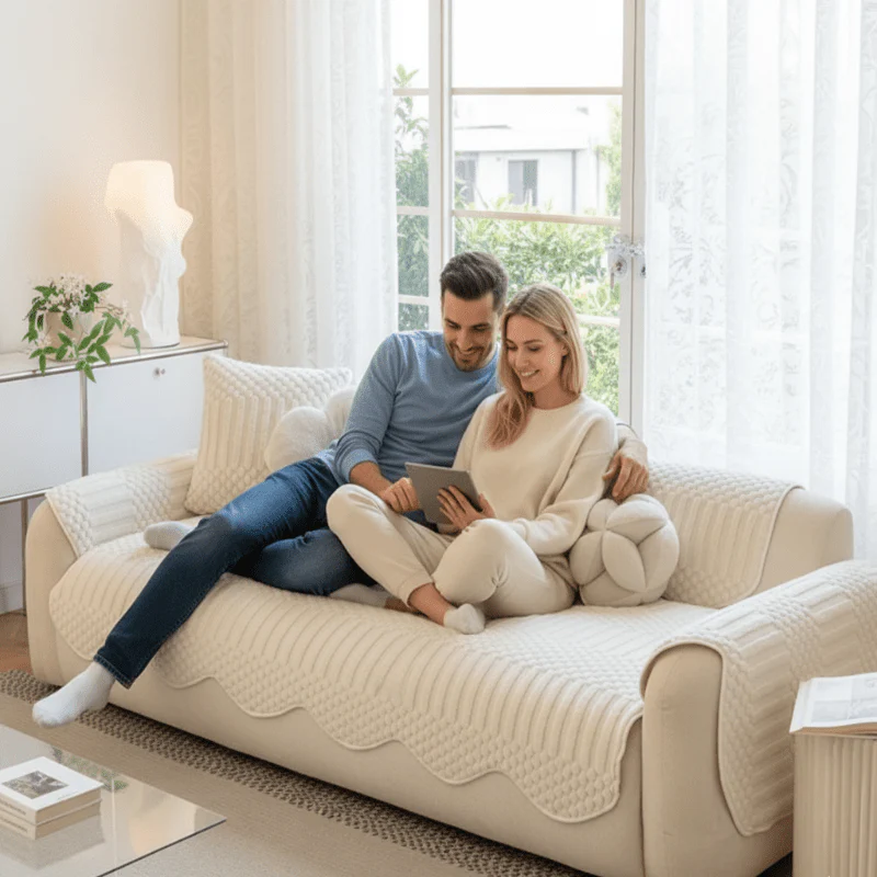 PLUSHCREAM – Thick Tuft Fleece Sofa Cover for Warm Winter Coziness - Image 2