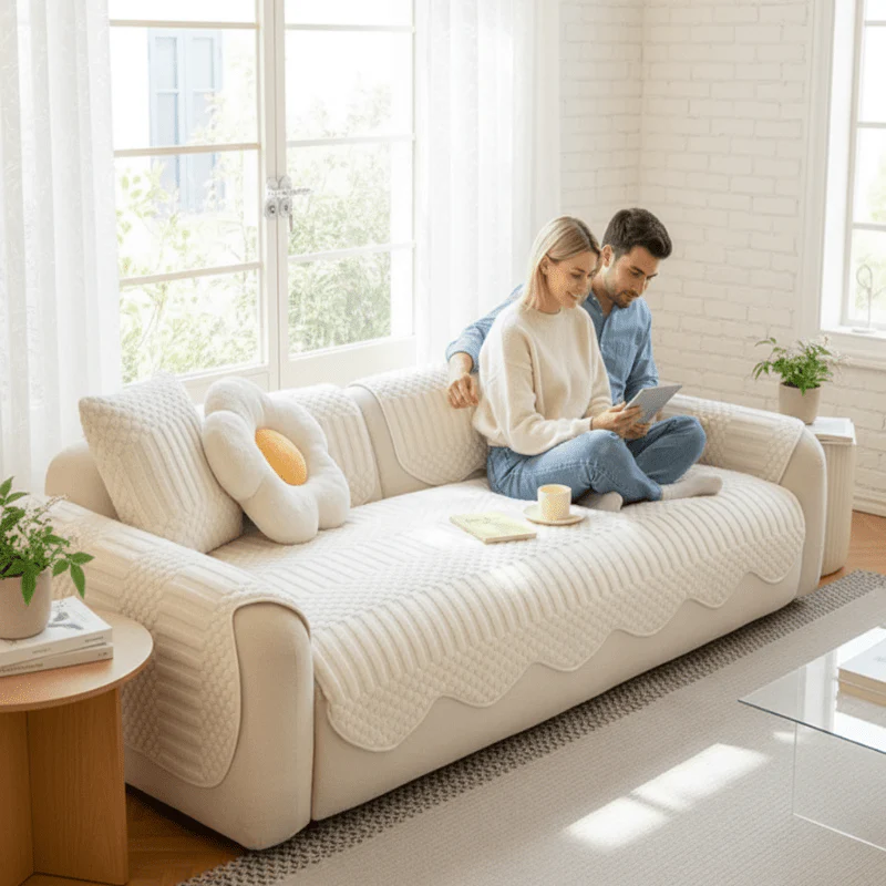 PLUSHCREAM – Thick Tuft Fleece Sofa Cover for Warm Winter Coziness - Image 3