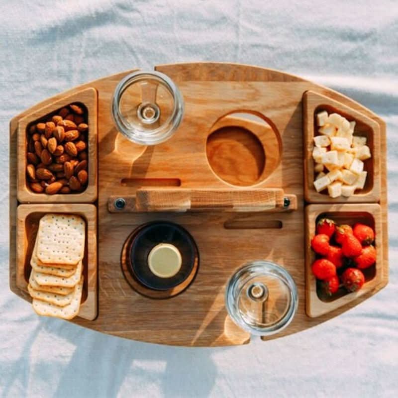 Portable Wooden Picnic Table - Foldable wooden table with glass holders & snack compartments for garden, beach & outdoor use - Image 5