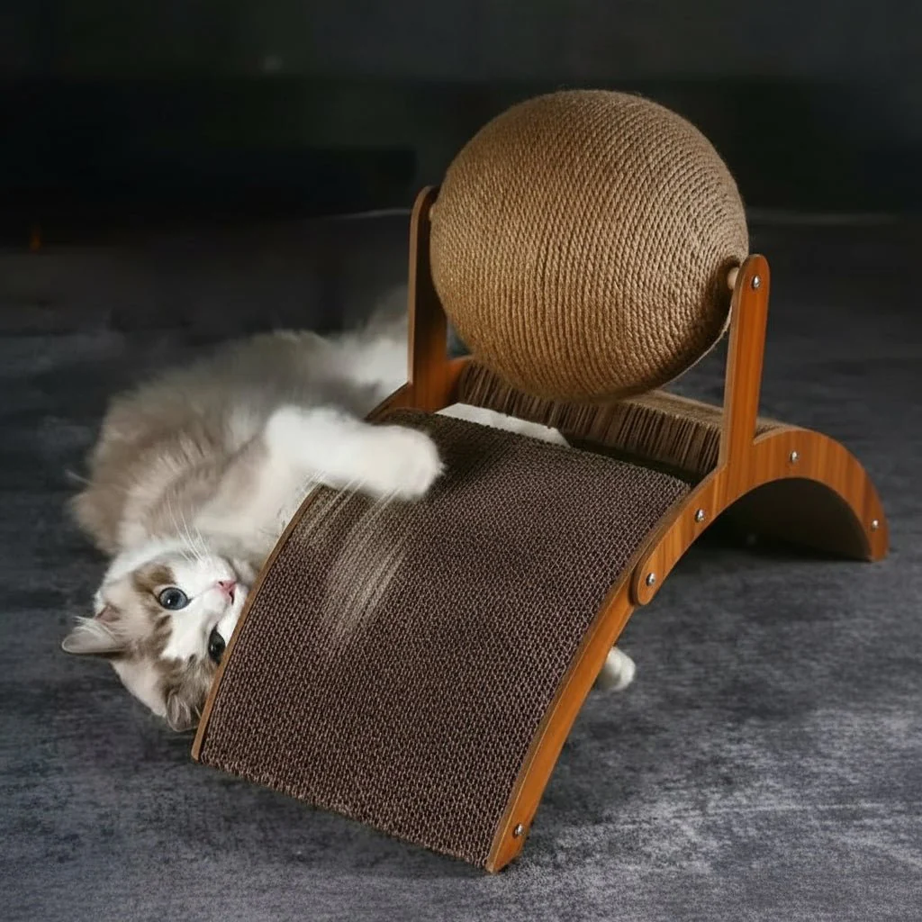 SCRATCHORA – 2-in-1 Cat Scratch Ball with Natural Sisal Board and Wooden Platform - Image 2