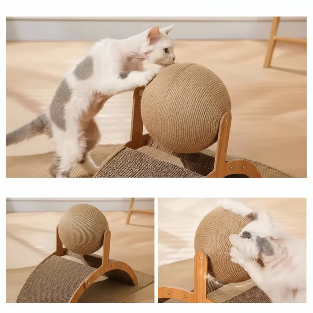 SCRATCHORA – 2-in-1 Cat Scratch Ball with Natural Sisal Board and Wooden Platform - Image 5