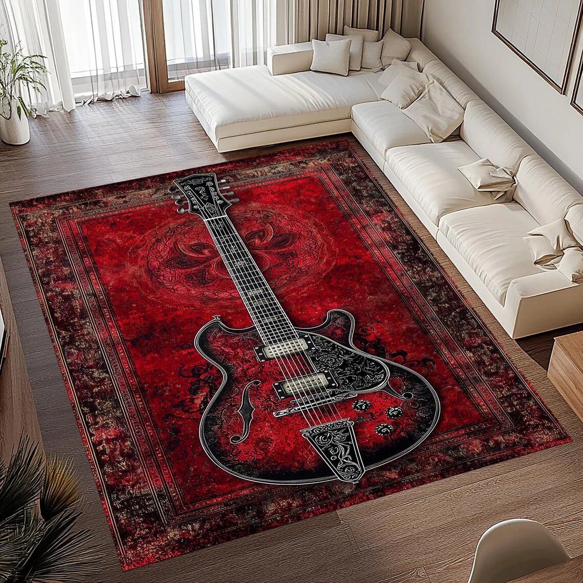 SOFTVINTAGE – Vintage Guitar Print Area Rug made of Soft Flannel Non-Slip for Home Decor