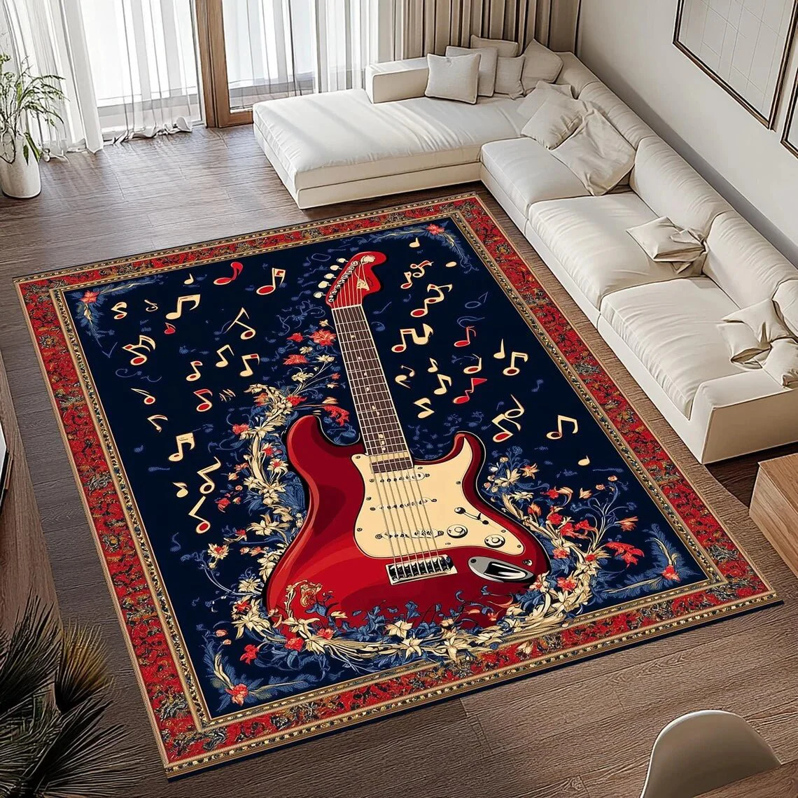 SOFTVINTAGE – Vintage Guitar Print Area Rug made of Soft Flannel Non-Slip for Home Decor - Image 2