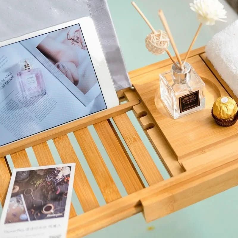 Solavera Bamboo Relax Tray | Extendable Bathtub Tray | Sustainable & Elegant | With Glass & Book Holder for Spa Enjoyment at Home - Image 2