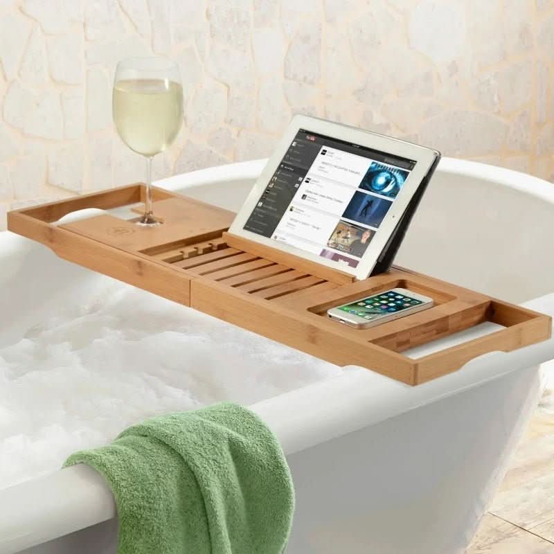 Solavera Bamboo Relax Tray | Extendable Bathtub Tray | Sustainable & Elegant | With Glass & Book Holder for Spa Enjoyment at Home - Image 5