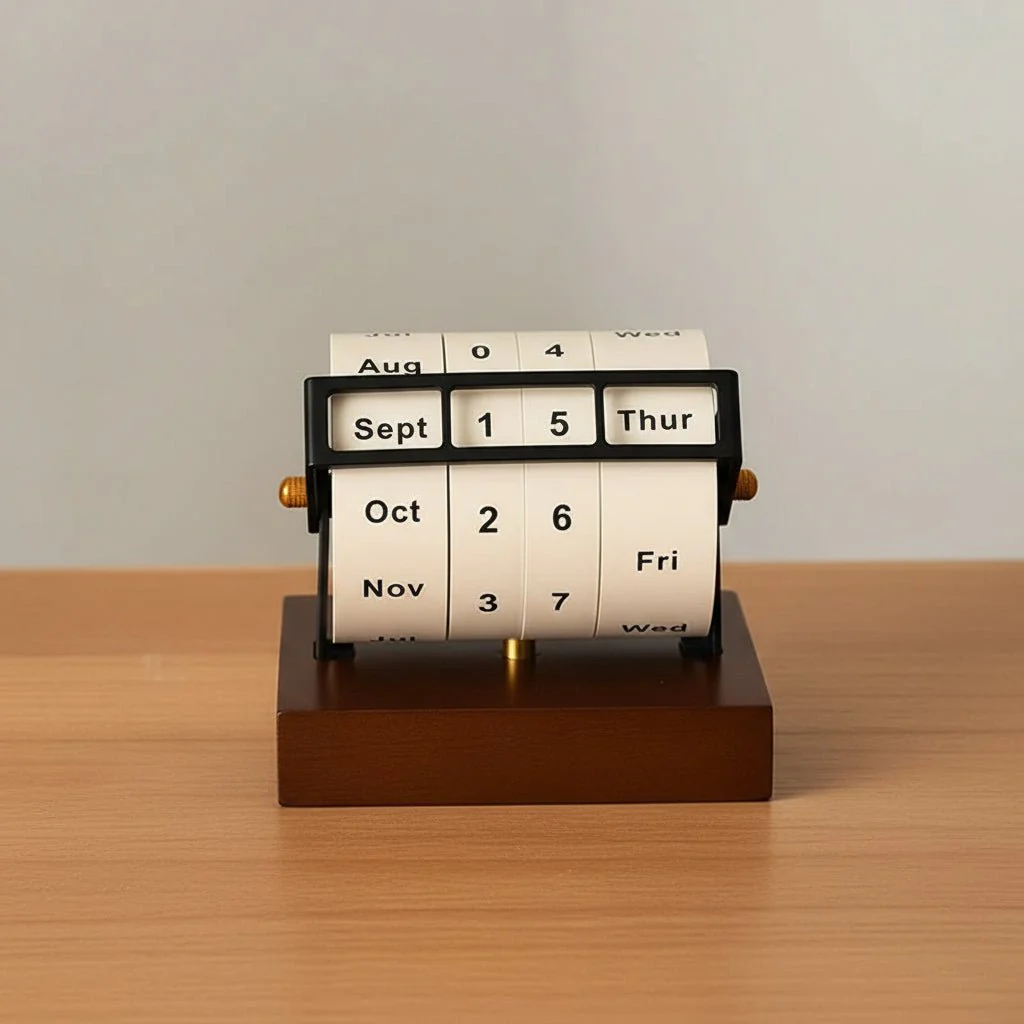 SPINDESK – Mid-Century wooden rotary calendar for tasteful desk design