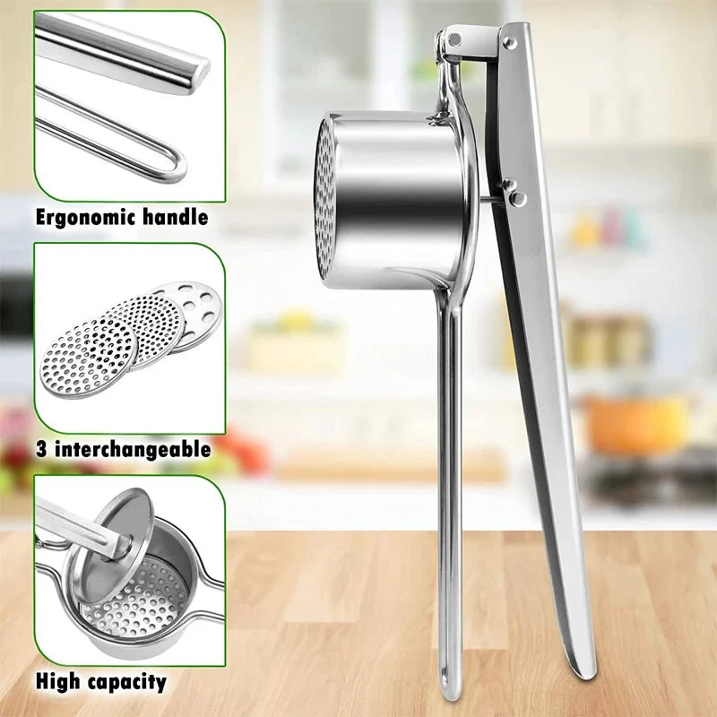 SQUEEZO – Stainless Steel Potato Press with 3 Discs for Perfect Purees & Juices - Image 4