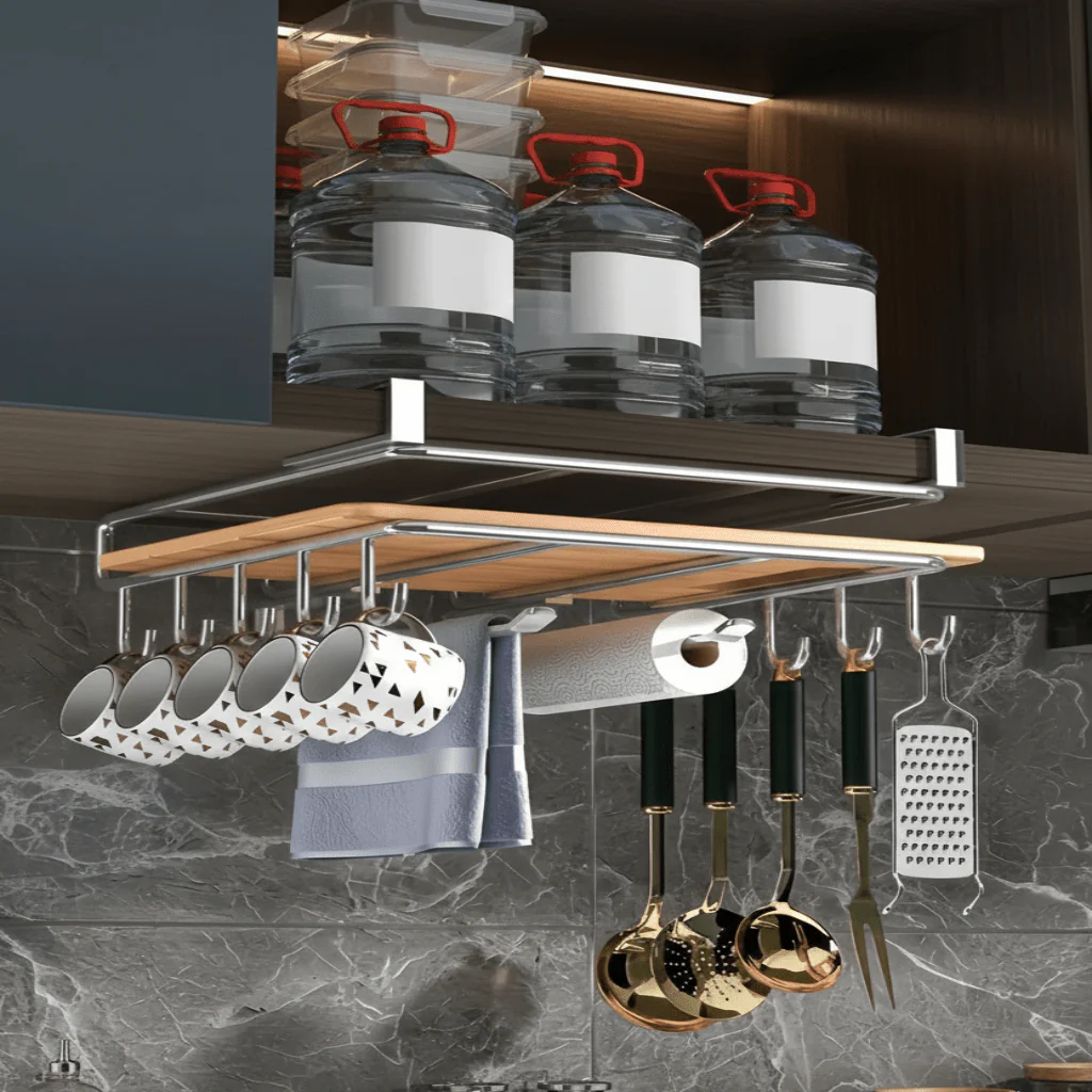 STEELSHELF – Stainless steel kitchen wall shelf with hooks for more order - Image 3