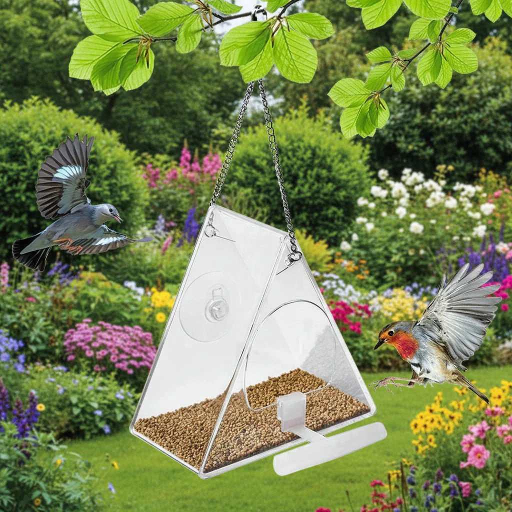 TRIFEED – Acrylic bird feeder for outdoors, triangular wind protection design - Image 3
