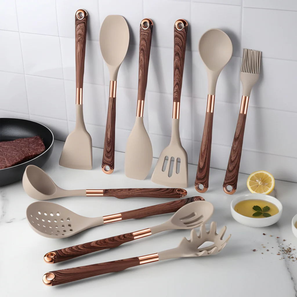 UTENSILIA – Elegant silicone utensil set with handles in wood design