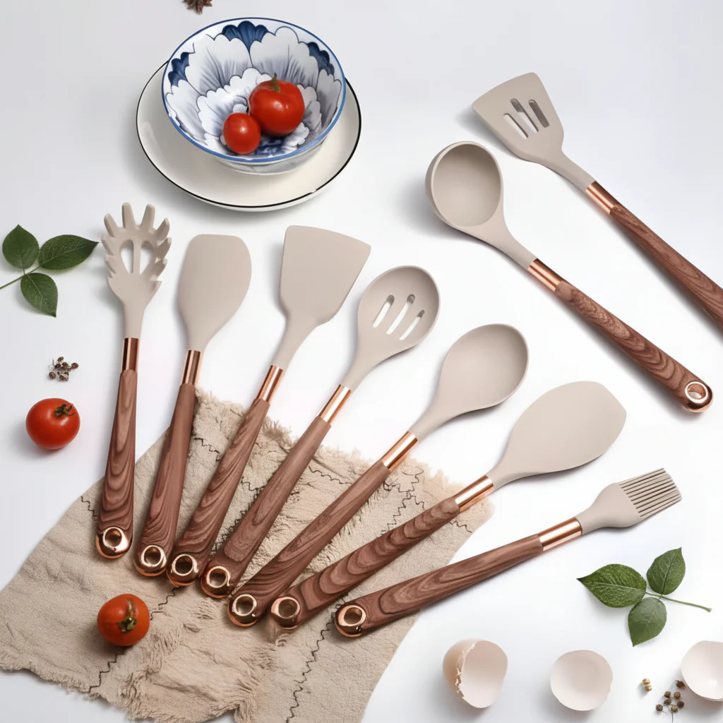 UTENSILIA – Elegant silicone utensil set with handles in wood design - Image 3