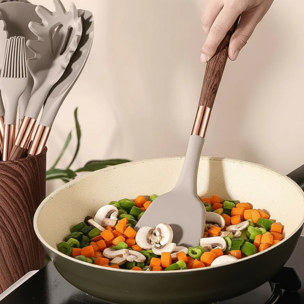 UTENSILIA – Elegant silicone utensil set with handles in wood design - Image 4