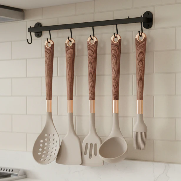 UTENSILIA – Elegant silicone utensil set with handles in wood design - Image 5