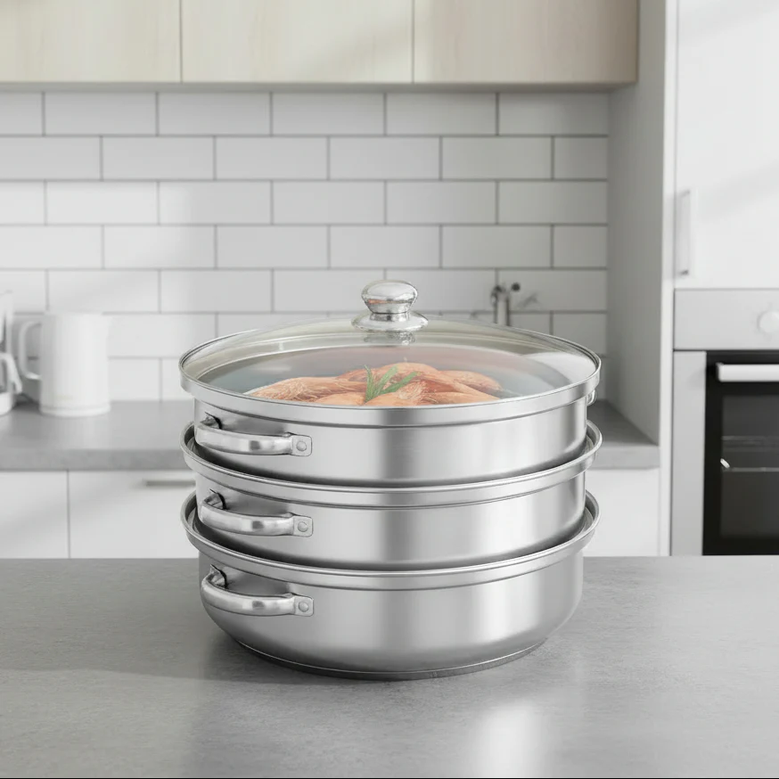 VAPORCRAFT – 3-tier stainless steel steamer with glass lid