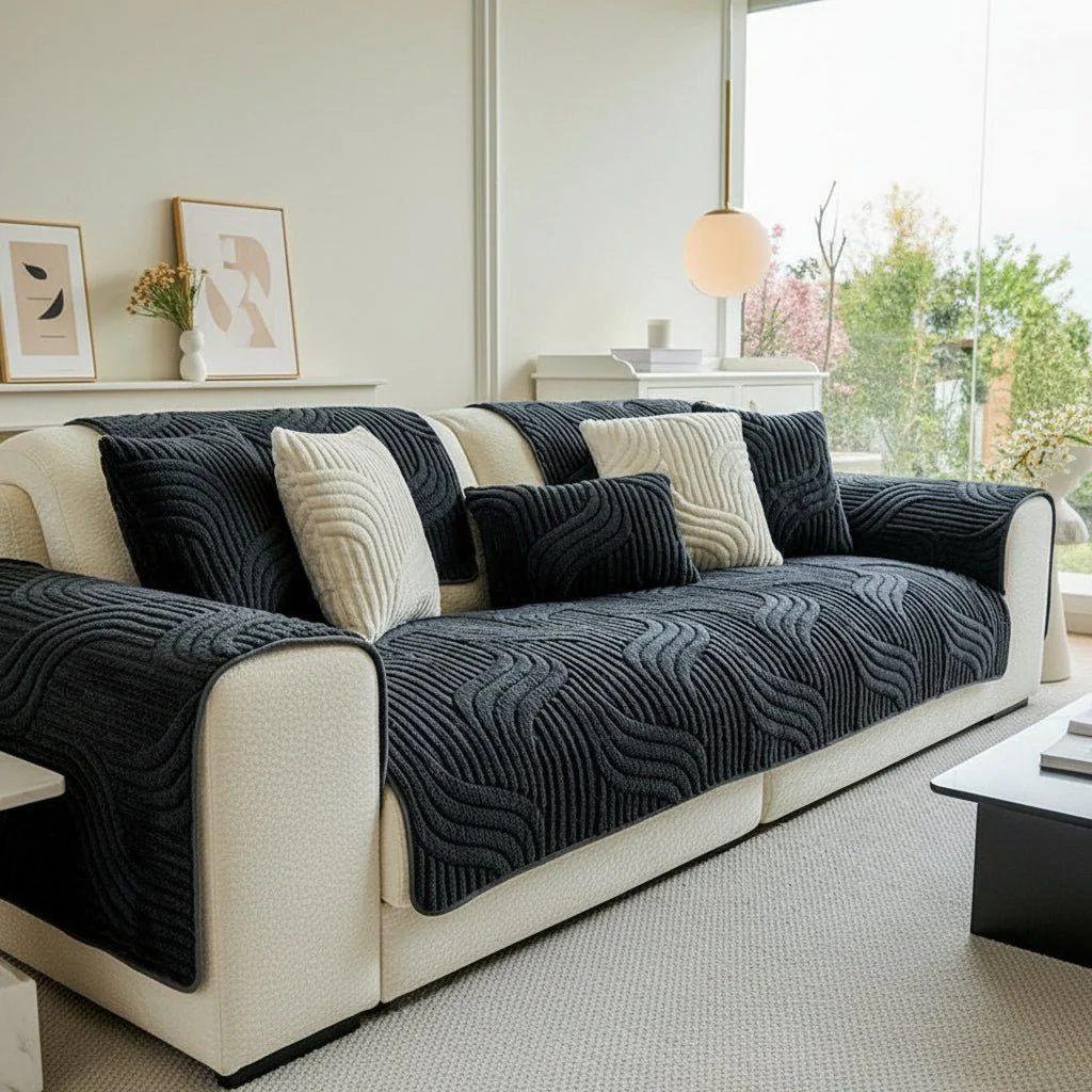 VELVETWAVES – Elegant velvet sofa cover, non-slip with wave stripes for interior decoration - Image 4