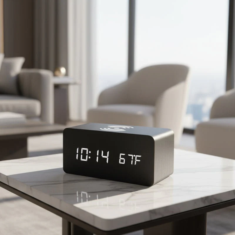 WIRETIME – LED Alarm Clock made of Wood with Wireless Charging Function