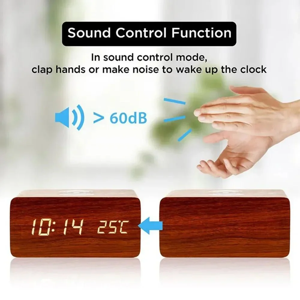 WIRETIME – LED Alarm Clock made of Wood with Wireless Charging Function - Image 5