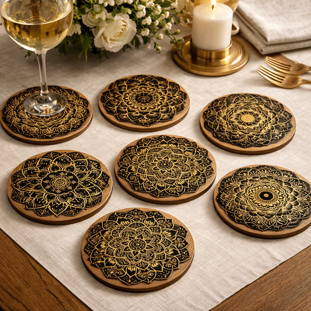 WOODARA – Elegant round wooden coaster with mandala pattern