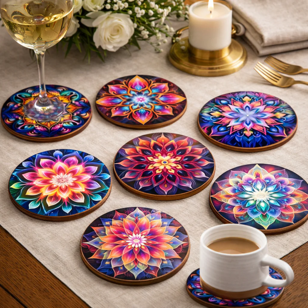 WOODARA – Elegant round wooden coaster with mandala pattern - Image 11