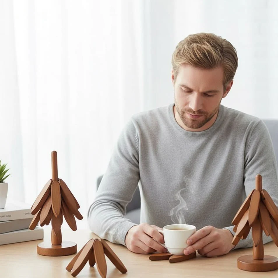 WOODBRAID – 4-piece coaster & pot holder set with bamboo tree design - Image 5